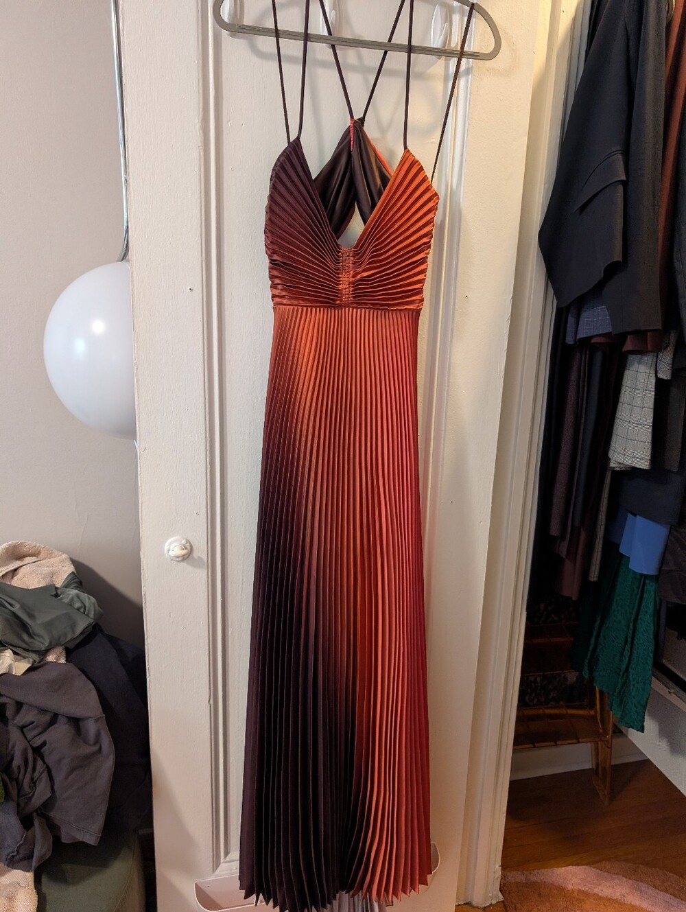 A.L.C. Ombre Pleated Spaghetti-Strap Maxi Dress — Rust to Deep Brown "Pinkchoco"